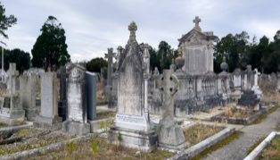 A cemetery with numerous old gravestones and monuments, surrounded by trees under a cloudy sky.