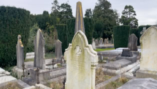 A cemetery with several old gravestones and tombstones, surrounded by trees and hedges.