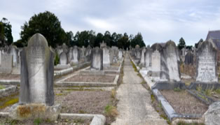 A cemetery with rows of old tombstones and a narrow path running through the middle, surrounded by trees and a cloudy sky.